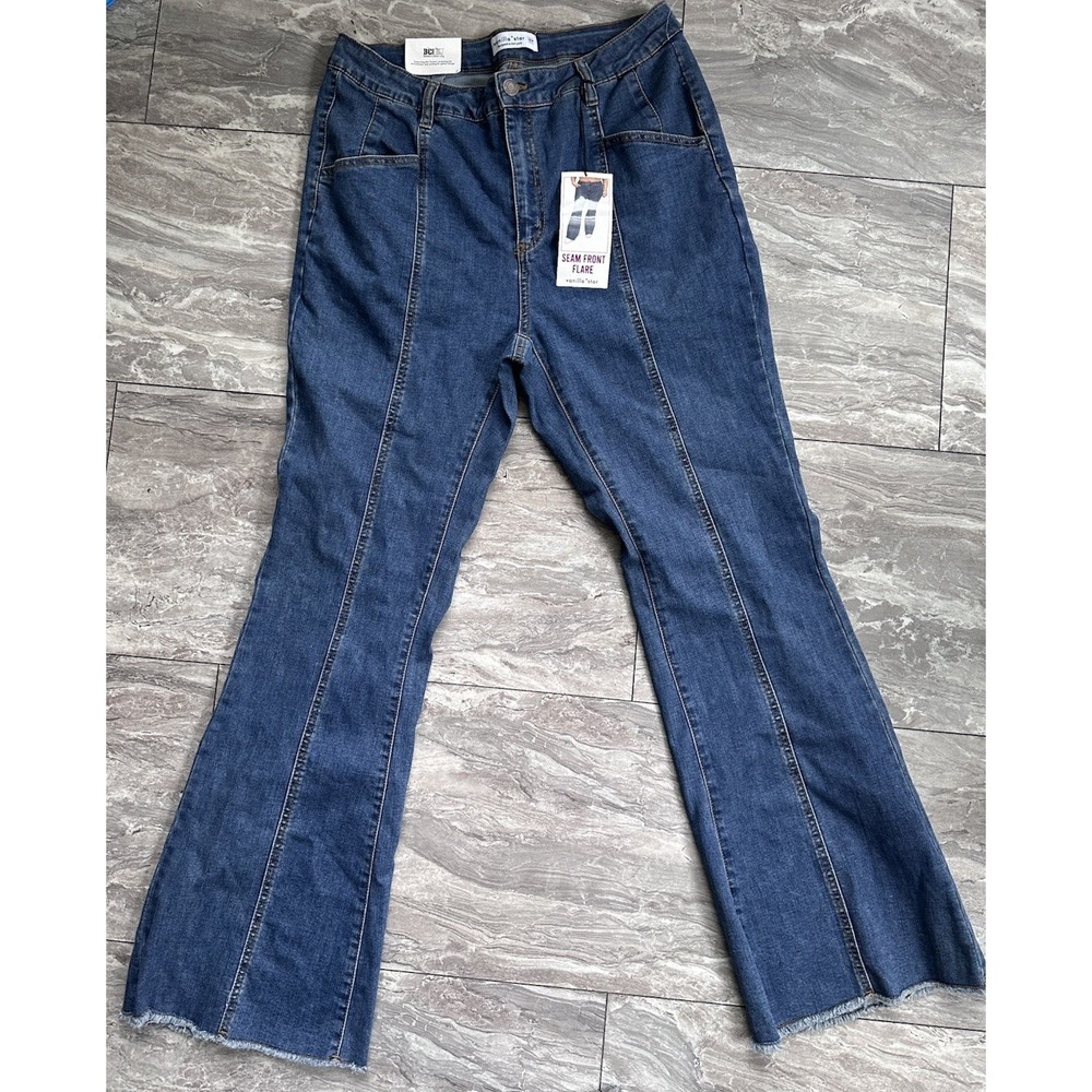 Vanilla Star Seam Front Flare Jeans Women's 16W High Rise Raw Hem Stretch‎ 0258